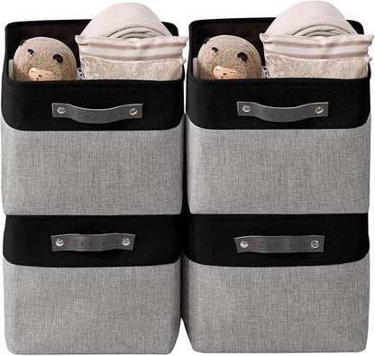 DECOMOMO Storage Bins, Large Fabric Storage Baskets for Shelves, Decorative Linen Closet Organizer, 15 x 11 x 9.5 inches (Grey & Black, 4 Pack)