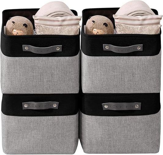 DECOMOMO Storage Bins, Large Fabric Storage Baskets for Shelves, Decorative Linen Closet Organizer, 15 x 11 x 9.5 inches (Grey & Black, 4 Pack)