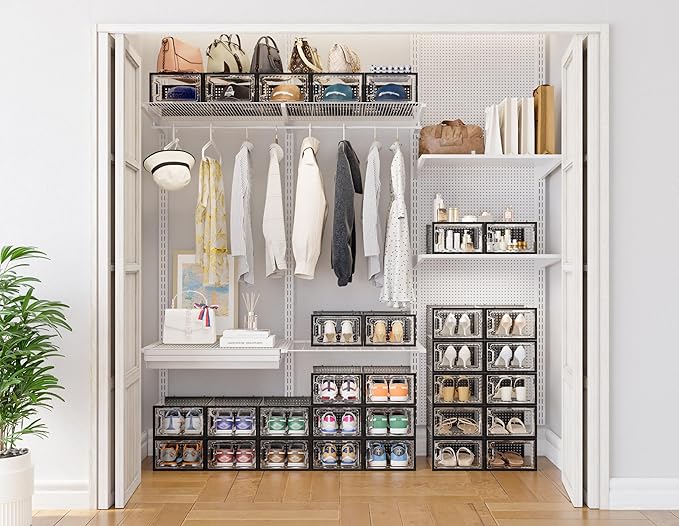 HOMIDEC Shoe Storage, 12 Pack Shoe Organizer for Closet, Shoe Boxes Clear Plastic Stackable Shoe Containers with Lids for Size 10