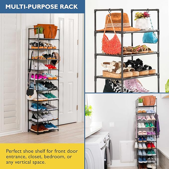 Sundaze Shoe Rack - 10 Tier Tall Shoe Rack for Closet, Sturdy Stackable Shoe Organizer for Closet, Bedroom, Entryway, Garage, Non Woven Fabric Shelf, Black, Holds 20-30 Pairs
