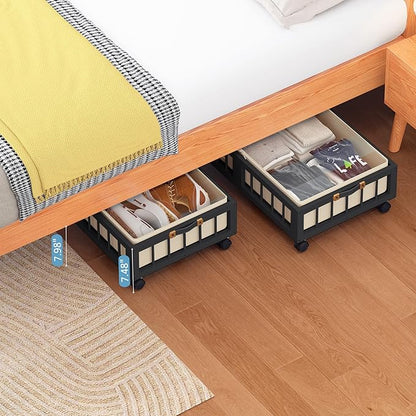 efluky 2-Pack Bamboo Under Bed Storage Containers with Wheels, Under Bed Clothes Storage Basket with Large Dust Bag, Rolling UnderBed Storage for Bedroom, Dorm and Basement, Black
