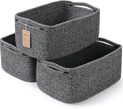 3-Pack Storage Baskets for Organizing | Woven Shelf Toy Basket | Rope Baskets for Gifts Empty | Closet Organizer Bins with Handles | Cube Decorative Box | 13.7×7.1×6.7” | Mixed Black