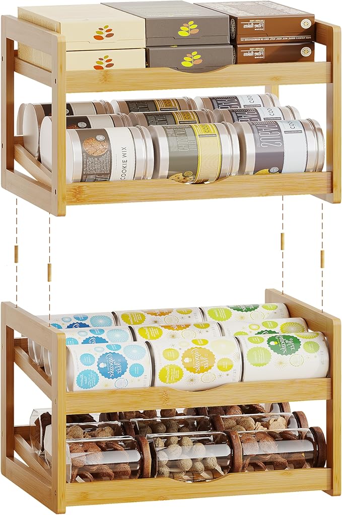 BAMBANG Can Organizer for Pantry, Detachable Bamboo 4 Tier Stackable Can Storage Rack, Rolling Soda Can Dispenser Can Holders for Cabinet, Holds Up to 48 Cans