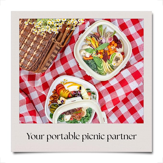 Crudités | Portable Snack Tray | Square 4-Pack | Cream White | Reversible Stretch Lid Food Containers | BPA-Free, Freezer & Dishwasher Safe | Meal-Prep, Charcuterie, Salads, Picnic, Travel