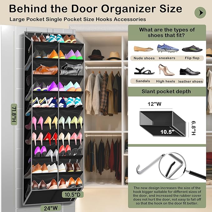 Kotkn 10-Tier Over the Door Shoe Organizer, 20 Pockets Holds 20-30 Pairs, Heavy-Duty Oxford Fabric with Hexagon Mesh for Boots & Sneakers-Black