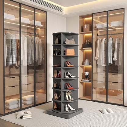 Rotating Shoe Rack Tower, 360-Degree Circular Storage Organizer for Shoes and Handbags, Vertical Space-Saving Cabinet for Entrance Hall, Independent Rotating Shoe Shelf (B-Gray)