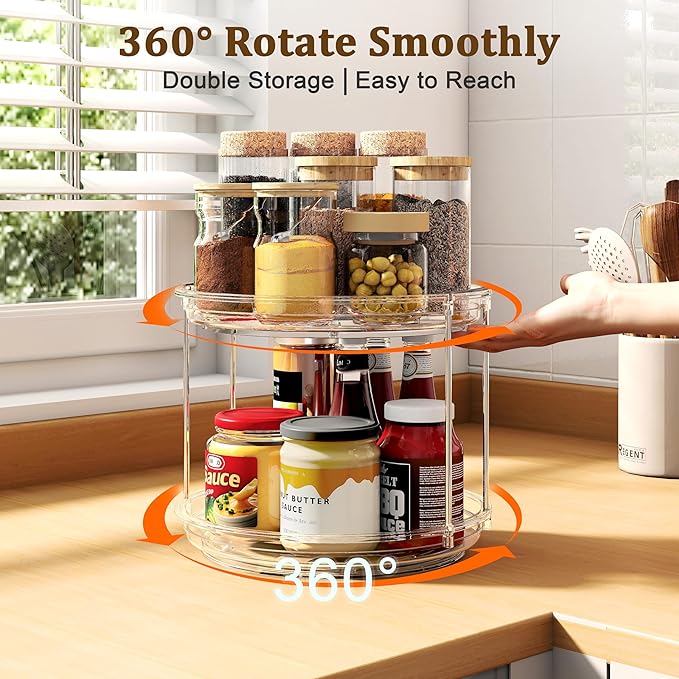 2 Pack 2 Tier Lazy Susan Turntable Organizer 9.25 inch, Rotating Spice Rack Organization for Cabinet, Bathroom, Pantry, Countertop, Kitchen, Vanity, Medicine Cabinet Organizer, Clear