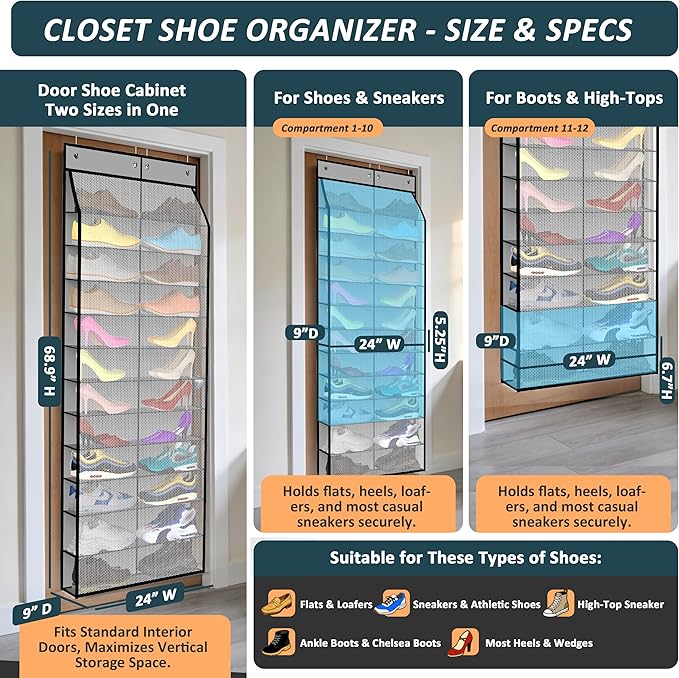 Kotkn 24-Pair Over Door Shoe Organizer for Family & Kids, Double Sided | Hanging Storage for Sneakers, Boots, Toys & Room Organization-Graphite Gray