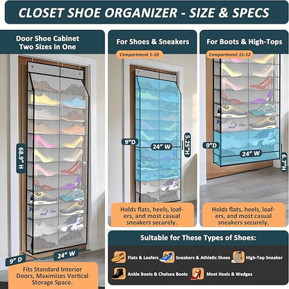 Kotkn 24-Pair Over Door Shoe Organizer for Family & Kids, Double Sided | Hanging Storage for Sneakers, Boots, Toys & Room Organization-Graphite Gray