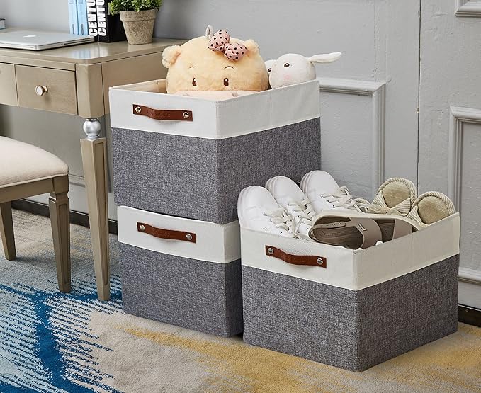 DECOMOMO Kallax Storage Cubes - 13x15x13 Storage Bins, Baskets for Organizing Shelves (Grey and White, 4-Pack)