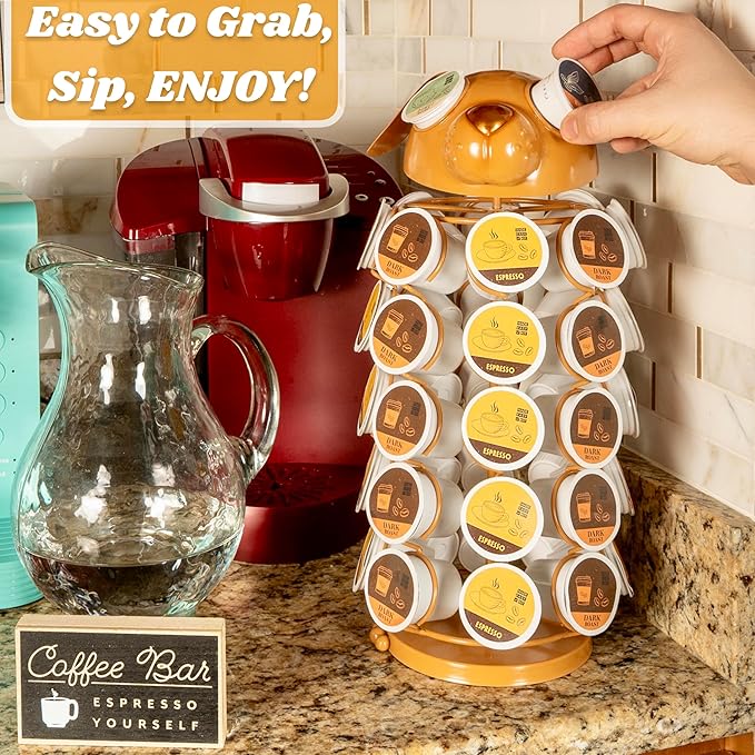 Made Easy Kit Carousel Coffee Pod Holder, Compatible with Keurig K-Pods K-Cups, Countertop Rack Storage Organizer, Metal Home and Kitchen Decor, Capsule Café Station Bar (Large, Brown Dog)