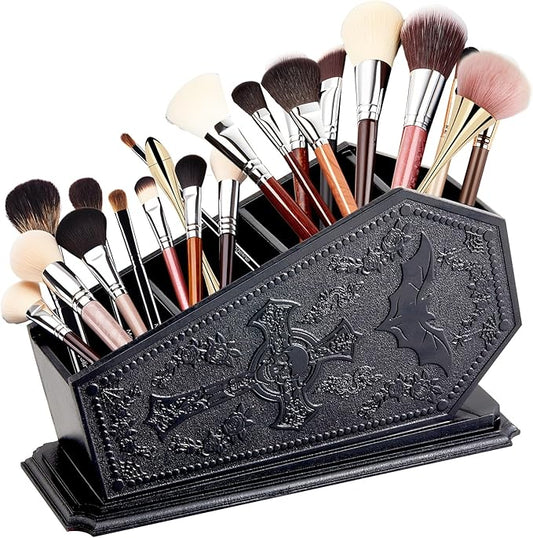 Gothic Coffin Decor Makeup Brush Holder,Spooky Witchy Gifts for Women,Bat Cosmetic Display Cases,Cross Goth Decor Pen Holder, Vanity, Desk, Office Organizer for Christmas Bedroom Bathroom,Black
