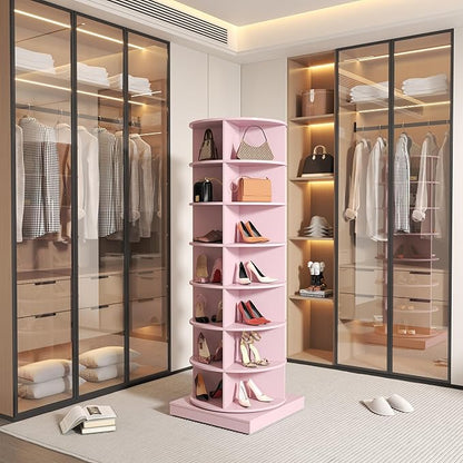 Rotating Shoe Rack Tower, 360-Degree Circular Storage Organizer for Shoes and Handbags, Vertical Space-Saving Cabinet for Entrance Hall, Independent Rotating Shoe Shelf（B-Pink）