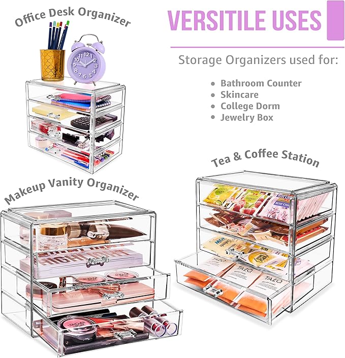 Sorbus Acrylic Makeup Organizer Set, 4-Drawer Vanity & Countertop Cosmetic Storage with Wide Drawers, Clear Makeup Storage for Brushes, Lipsticks, Jewelry – Holiday Gift for Women & Teens