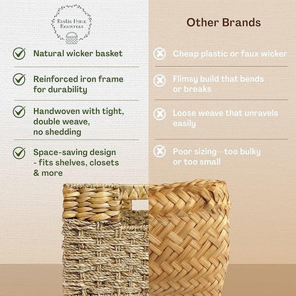 Large Wicker Storage Baskets with Handles, Natural Seagrass and Hyacinth Woven Storage Basket for Organizing Shelves, Closet, Pantry, Living Room, 17 x 11 x 7.5 Inches