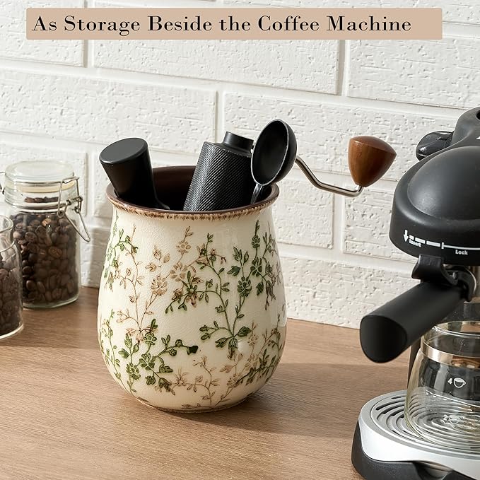 Utensil Holder for Kitchen Counter, Modern Nordic Boho Style Cooking Utensil Holder and Crock Home Kitchen Decor, Ceramic Utensil Organizer for Spatula, Ladle, Eggbeater, Rolling Pin- Green and Beige