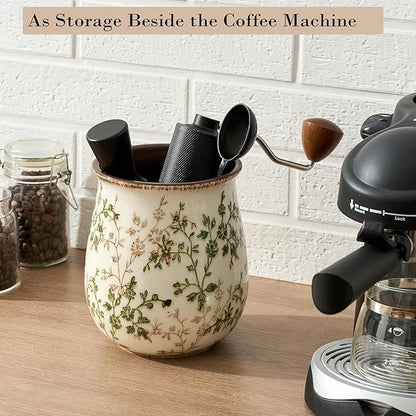 Utensil Holder for Kitchen Counter, Modern Nordic Boho Style Cooking Utensil Holder and Crock Home Kitchen Decor, Ceramic Utensil Organizer for Spatula, Ladle, Eggbeater, Rolling Pin- Green and Beige