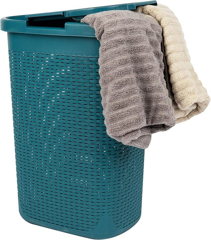Mind Reader Slim Laundry Hamper with Lid, 60L Tall Clothes Basket, Narrow Tapered Design for Bathrooms, Closets and Laundry Rooms, Plastic, Blue
