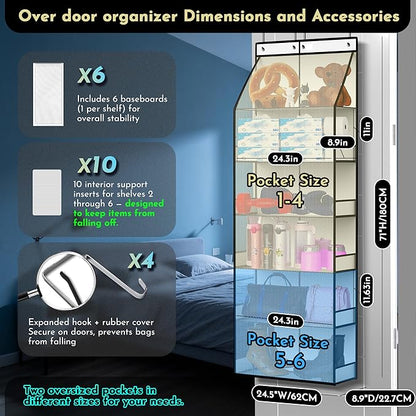 PAULONE 6-Tier Over Door Organizer 71" Tall – Hanging Storage with 2 Sizes of Large Deep Pockets (24.3" W x 8.9" D), 98 lbs Capacity, for Bedroom Closet, Bathroom, Nursery & Kitchen