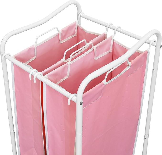 Simple Houseware 2-Bag Heavy Duty Rolling Laundry Sorter Cart, White/Pink – 2 Section Removable Bags and Lockable Wheels for Laundry Room Organization