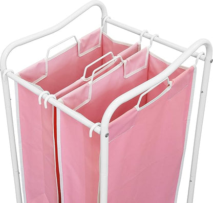 Simple Houseware 2-Bag Heavy Duty Rolling Laundry Sorter Cart, White/Pink – 2 Section Removable Bags and Lockable Wheels for Laundry Room Organization