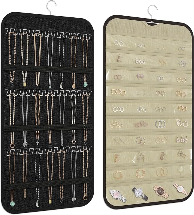 Hanging Jewelry Organizer Storage, 40 Pockets 36 Hooks Necklace Earring Bracelet Ring Organizer, Double - Sided Design, Black and Beige
