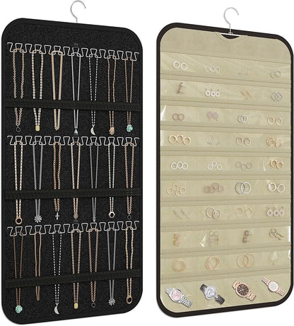 Hanging Jewelry Organizer Storage, 40 Pockets 36 Hooks Necklace Earring Bracelet Ring Organizer, Double - Sided Design, Black and Beige