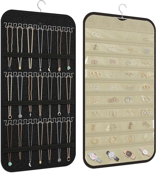 Hanging Jewelry Organizer Storage, 40 Pockets 36 Hooks Necklace Earring Bracelet Ring Organizer, Double - Sided Design, Black and Beige