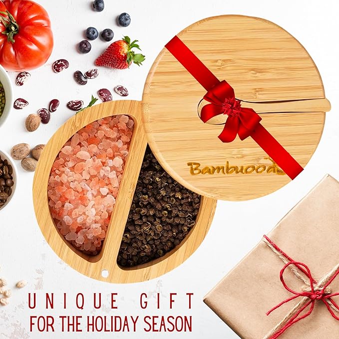 Premium Bamboo Salt Cellar with 2 Compartment Swivel Magnetic Lid - 100% Handmade, Elegant Salt & Spices Storage Box and Multi-Use Container with Mini Spoon.