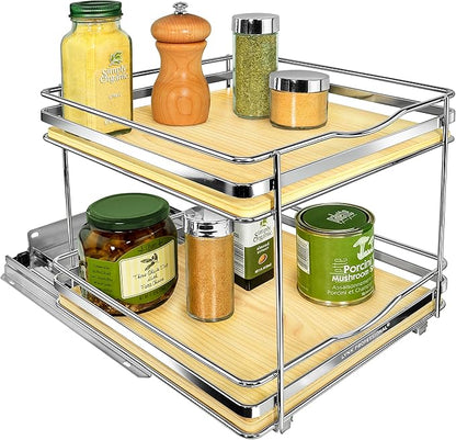 LYNK PROFESSIONAL® Élite™ Pull Out Spice Organization for Cabinets - 10-3/8 inch Wide – Spice Rack for Inside Cabinets – Wood/Chrome - Sliding Spice Rack Organizer for cabinet – Spice Rack - 2 Tier