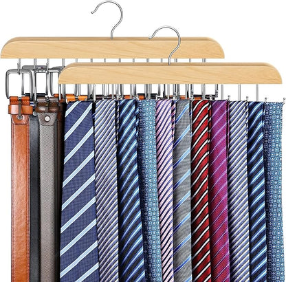 Tie Rack & Belt Hanger 2 in 1 Tie Hanger Space Saving Max 42 Belts& 60 Ties Capacity for Closet Organizers and Storage, Sturdy Wood Belt & Tie Collection Organizer(Wood, 2Pack)