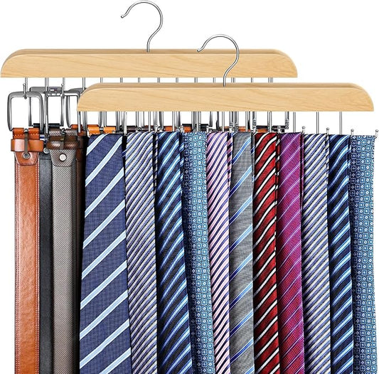 Tie Rack & Belt Hanger 2 in 1 Tie Hanger Space Saving Max 42 Belts& 60 Ties Capacity for Closet Organizers and Storage, Sturdy Wood Belt & Tie Collection Organizer(Wood, 2Pack)