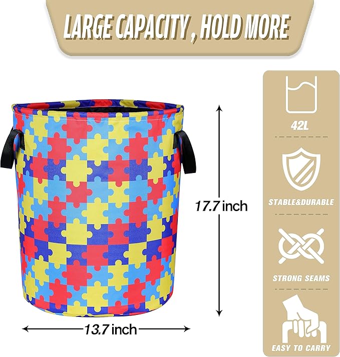 Autism Awareness Laundry Basket Colorful Puzzle Foldable Oxford Cloth Funny Tote Bag Laundry Hamper Clothes Storage Bucket Organizer For Bathroom/Laundry Storage/Bedroom 17.7x13.7 Inch