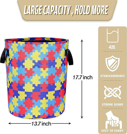 Autism Awareness Laundry Basket Colorful Puzzle Foldable Oxford Cloth Funny Tote Bag Laundry Hamper Clothes Storage Bucket Organizer For Bathroom/Laundry Storage/Bedroom 17.7x13.7 Inch