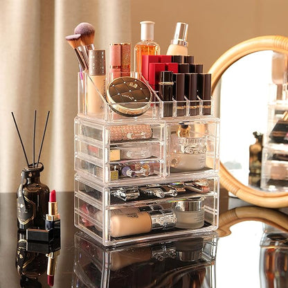 Cq acrylic 3 Pack Clear Makeup Organizer Countertop, Stackable 6 Drawers Skincare Organizer,Cute Skin Care Organizer for Vanity Hair Clip,Jewelry,Beauty Product Desk and Make Up Organizers for Vanity