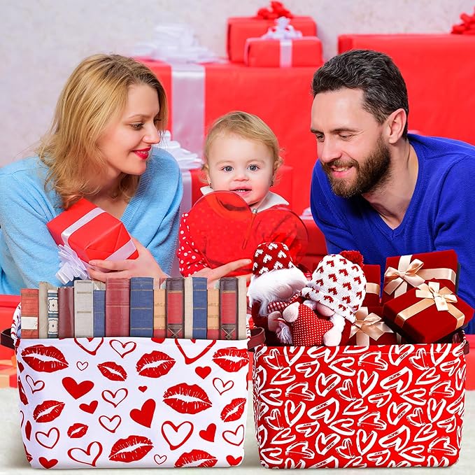 Geelin 3 Pcs Valentines Day Storage Baskets Red and White Heart Valentines Basket for Gifts Collapsible Waterproof Canvas Bin Organizer with Handles for Book Closet Shelf Nursery Decor