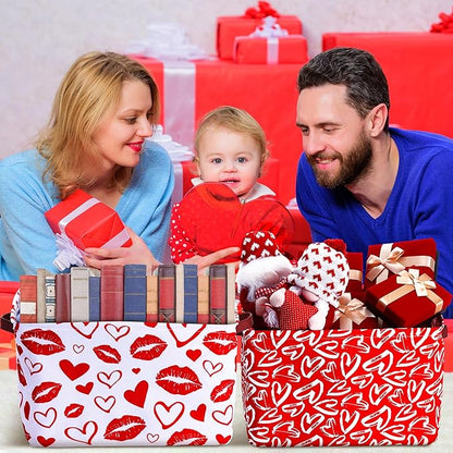 Geelin 3 Pcs Valentines Day Storage Baskets Red and White Heart Valentines Basket for Gifts Collapsible Waterproof Canvas Bin Organizer with Handles for Book Closet Shelf Nursery Decor