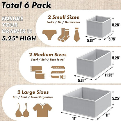 Simple Houseware Underwear Drawer Organizer for Lingerie/Undergarment/Bra/Panty/Sock/Onesie, Set of 6, Gray