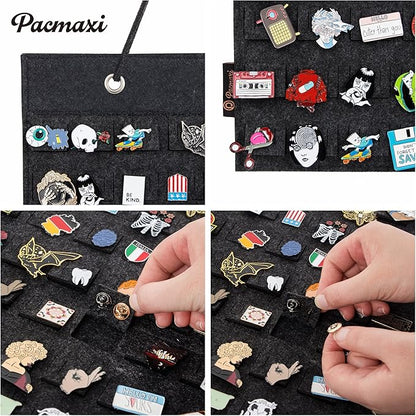 PACMAXI Hanging Brooch Pin Organizer, Display Pins Storage Case, Brooch Collection Storage Holder, Holds Up to 96 Pins.(Not Include Any Accessories) (S-96 Slots, Dark gray, Small)