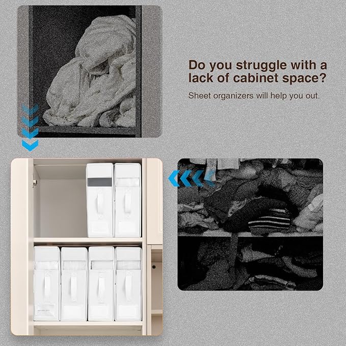 DIMJ Bed Sheet Organizers and Storage 6 Pack - Foldable Sheet Holder for Linen Bedding Storage Box for organization, Sheets Set Holder for Blanke, Towel (King & Queen Size), White