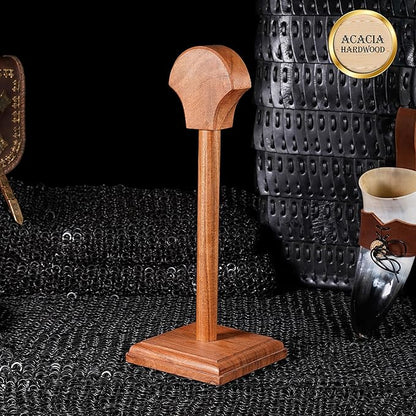 Mythorjan Wooden Helmet Stand Display Décor Stand For Spartan, Templar, Motorcycle, Caps, Hat Decorative Desktop Hanger Rack LARP Helmet Stand, 21 Inch - Natural