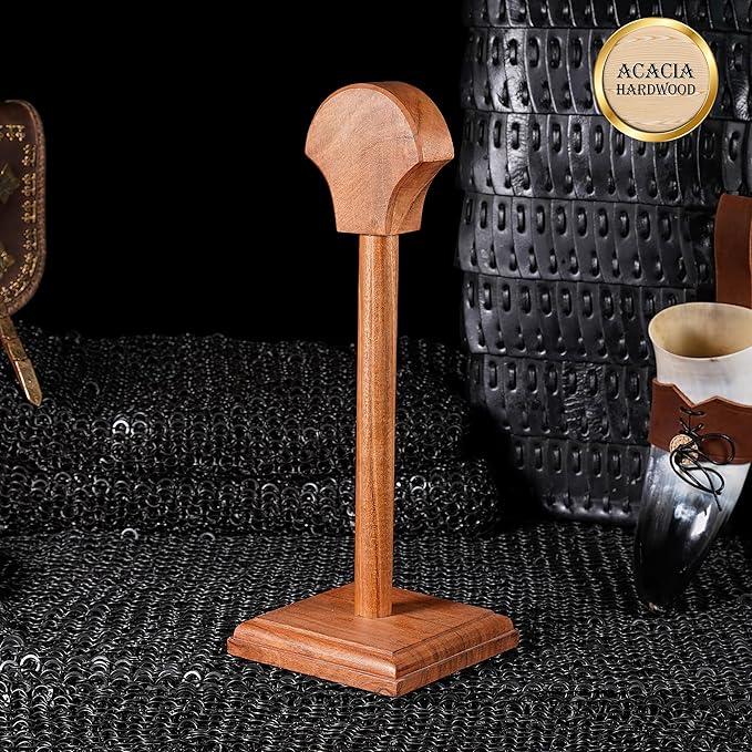 Mythrojan Wooden Helmet Stand Display Décor Stand For Spartan, Templar, Motorcycle, Caps, Hat Decorative Desktop Hanger Rack LARP Helmet Stand, 16 Inch - Natural