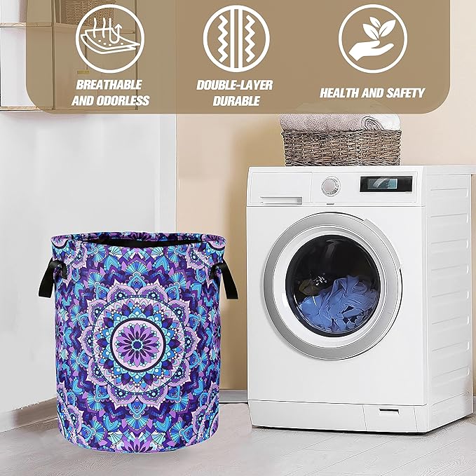 Mandala Laundry Basket Beautiful Flowers Foldable Oxford Cloth Funny Tote Bag Laundry Hamper Clothes Storage Bucket Organizer For Bathroom/Laundry Storage/Bedroom 17.7x13.7 Inch