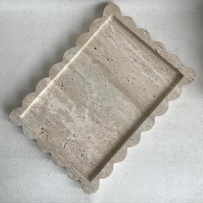 Natural Scalloped Marble Tray, 10.7"x7.87", Rectangle for Bathroom & Kitchen, Decorative for Dresser (Beige Travertine)