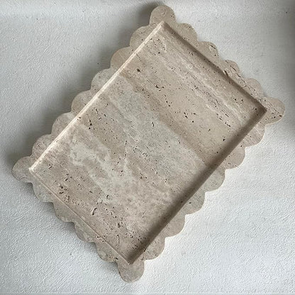 Natural Scalloped Marble Tray, 10.7"x7.87", Rectangle for Bathroom & Kitchen, Decorative for Dresser (Beige Travertine)