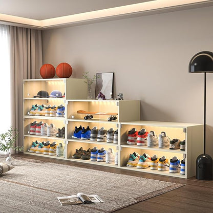 LED Shoe Storage Box, Wooden Box with Glass Door, RGB Led Light Organizer for 6 Pairs, Display Sneakers (White, 2 Layers)