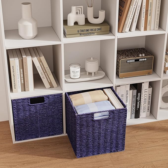 Vagusicc Wicker Storage Basket, Set of 2 Hand-Woven Paper Rope Wicker Basket, Foldable Cube Storage Bins, Square Large Storage Baskets for Organizing Shelves, Decor, Orange (13″×13″×13″)