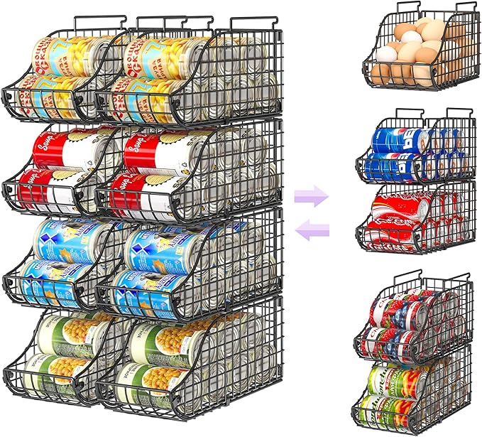 8-Pack Can Organizer for Pantry, Stackable Cabinet Food Shelves for Fridge, Wire Cupboard Storage, Holds up to 72 Beers,Small Metal Bin for Drink Beverage Egg Gillas, Rack for Kitchen Countertops RV