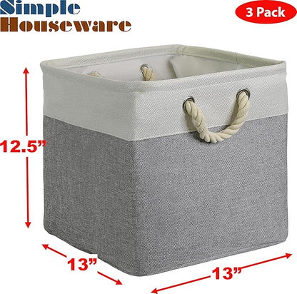 Simple Houseware 13" x 13" Large Fabric Storage Cubes for Closet and Cube Organizer, 3 Pack, Gray