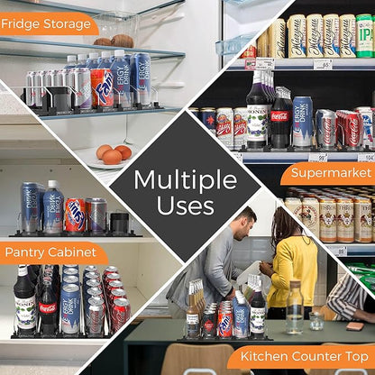 5 Rows Drink Organizer for Fridge, 15'' Soda Can Dispenser for Refrigerator with Pusher Glide, Width Adjustable Fridge Can Organization Hold Up to 25 Cans (Black)